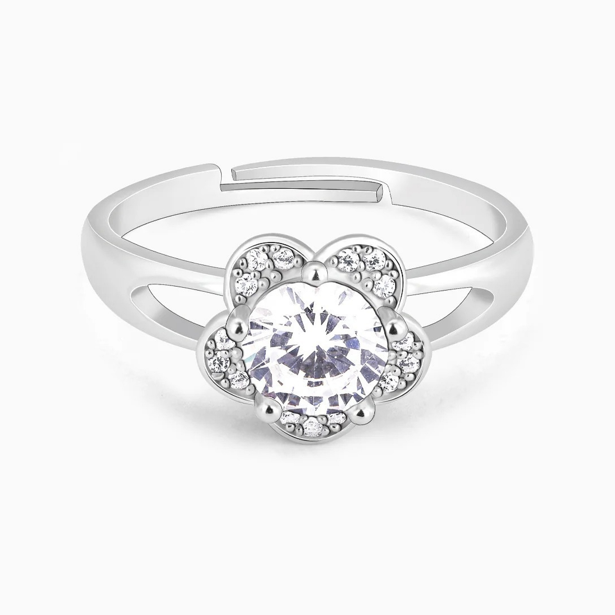 Silver Zircon Flower Ring - 925 Sterling Silver Jewellery