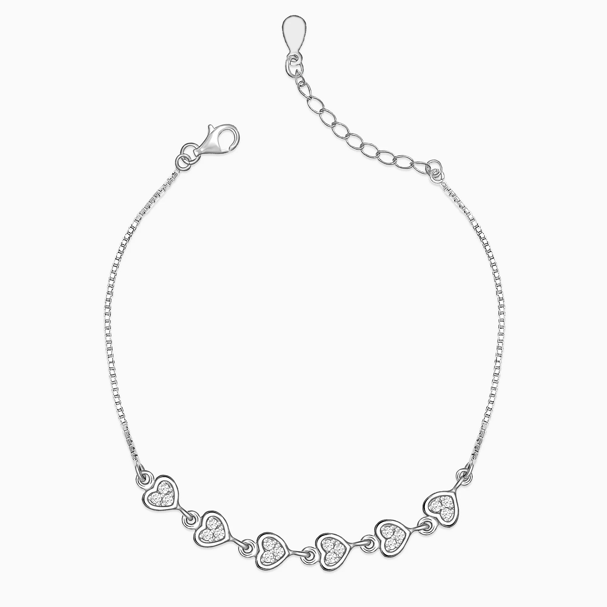 Silver Zircon Heart String Bracelet - 925 Sterling Silver Jewellery