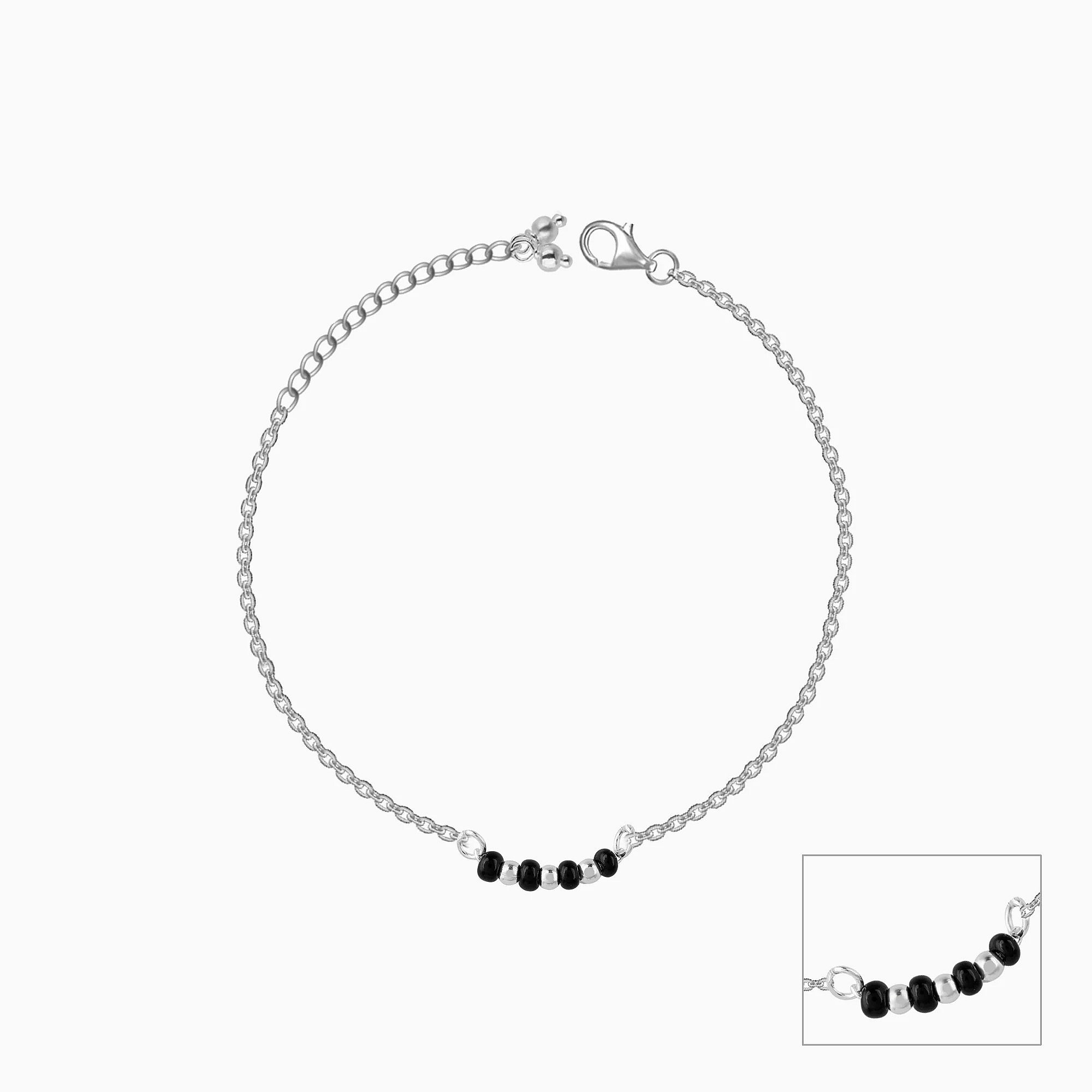 Silver Minimal Black Beads Kids Anklet - 925 Sterling Silver Jewellery