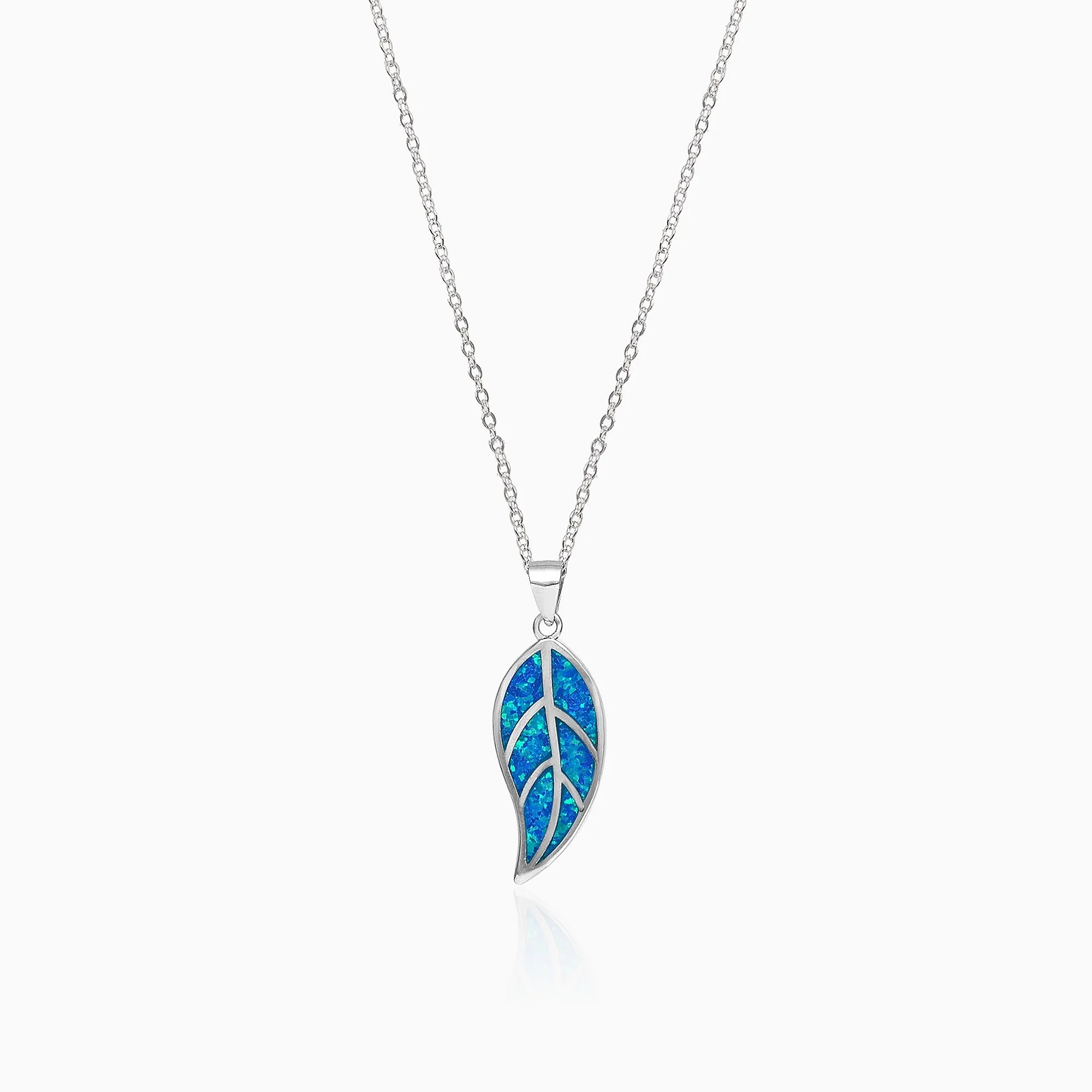 Silver Mystic Blue Leaf Pendant with Link Chain - 925 Sterling Silver Jewellery